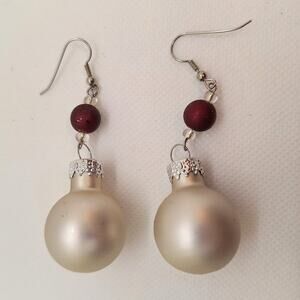 Christmas Ornament Earrings Silver Satin Ball Red Bead